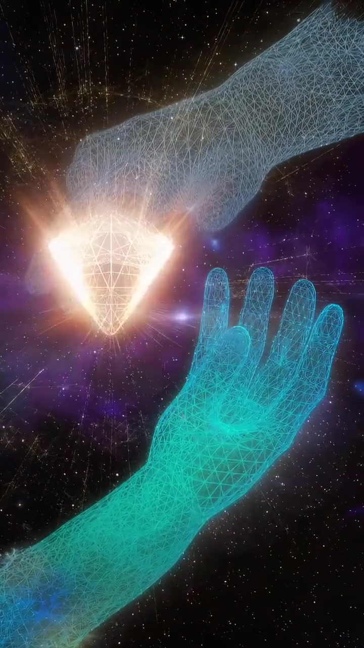 Manos de estructura alámbrica digital alcanzando una esfera de energía brillante en el espacio
