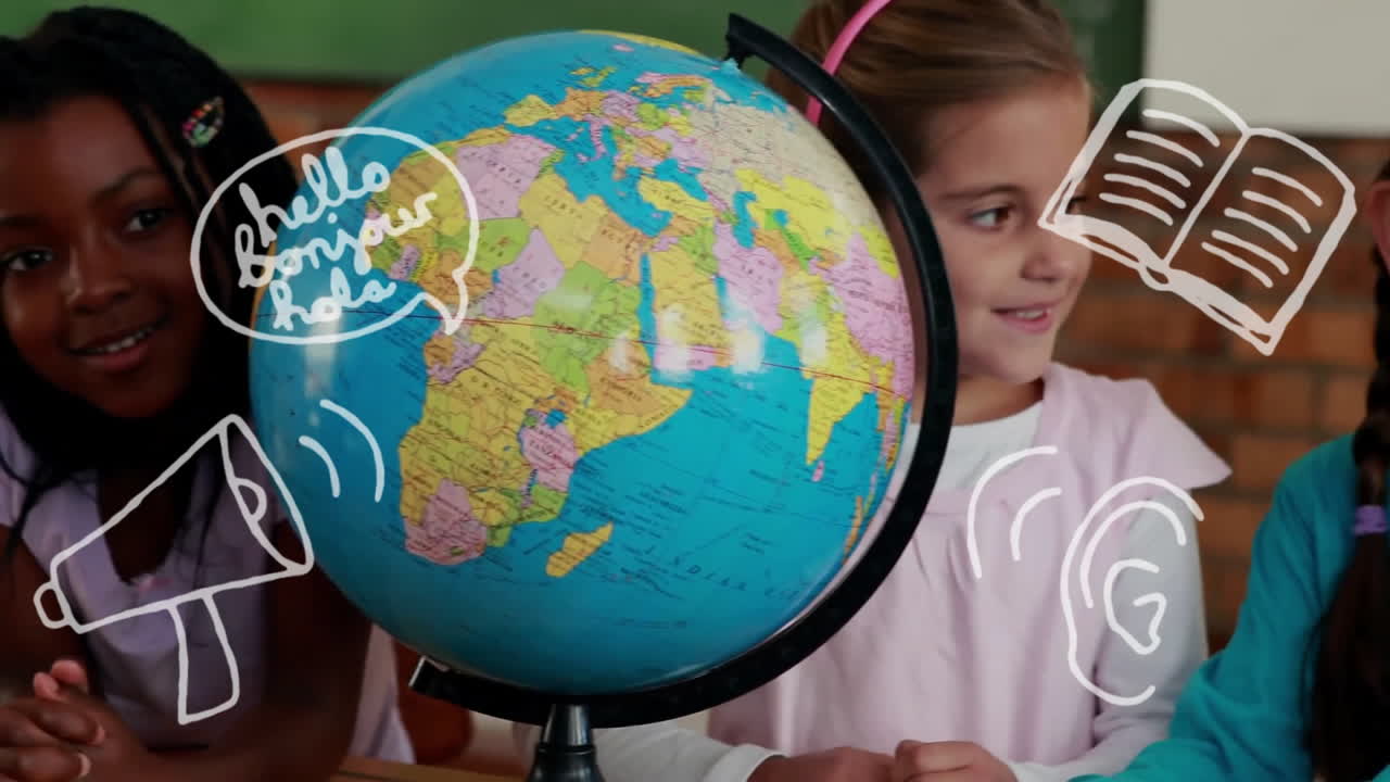 Animation of school items icons over diverse schoolchildren using globe in classroom
