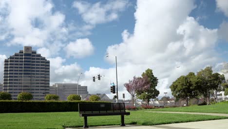 beautiful cloudy sunny day in the park and downtown