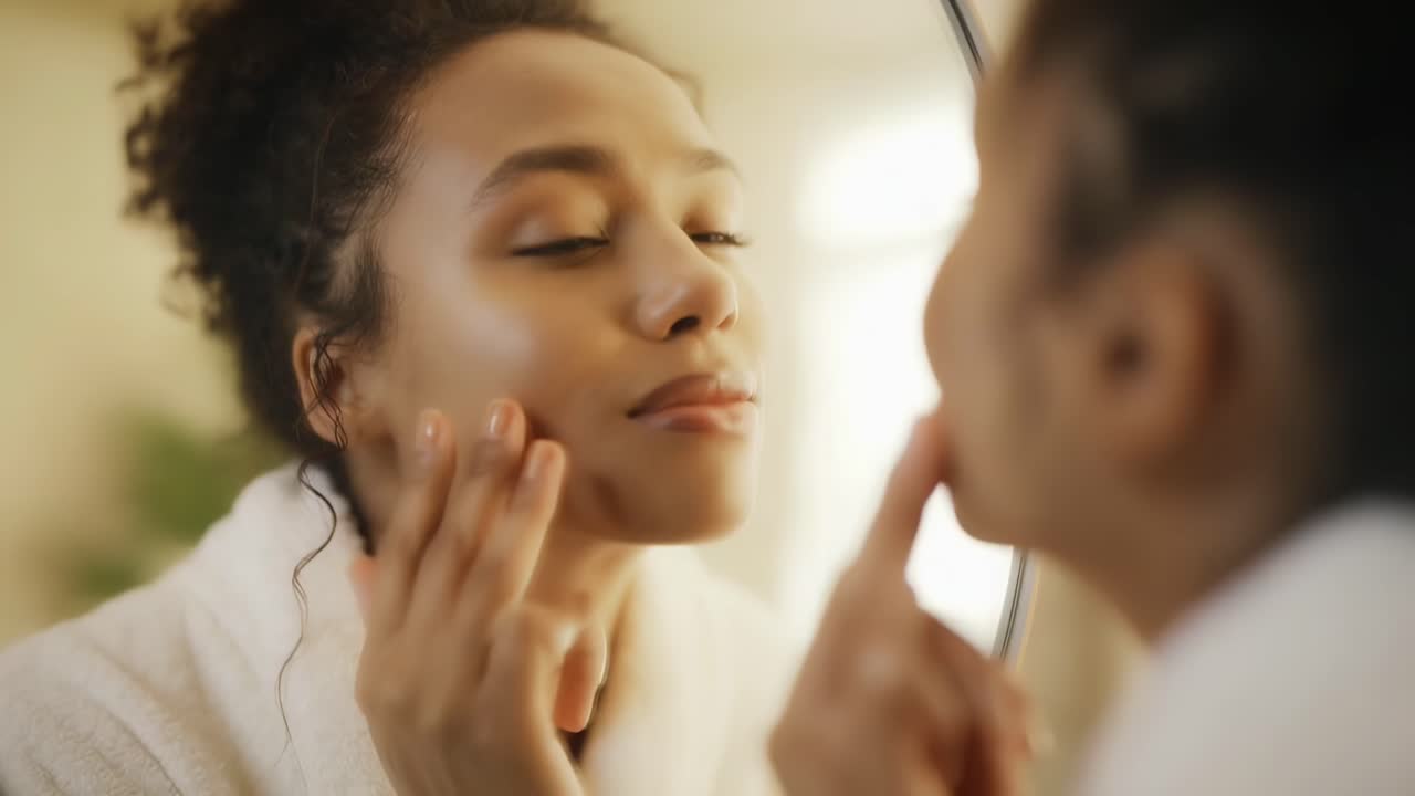 Close-up video of a woman applying skincare, shot from a side angle, in soft focus