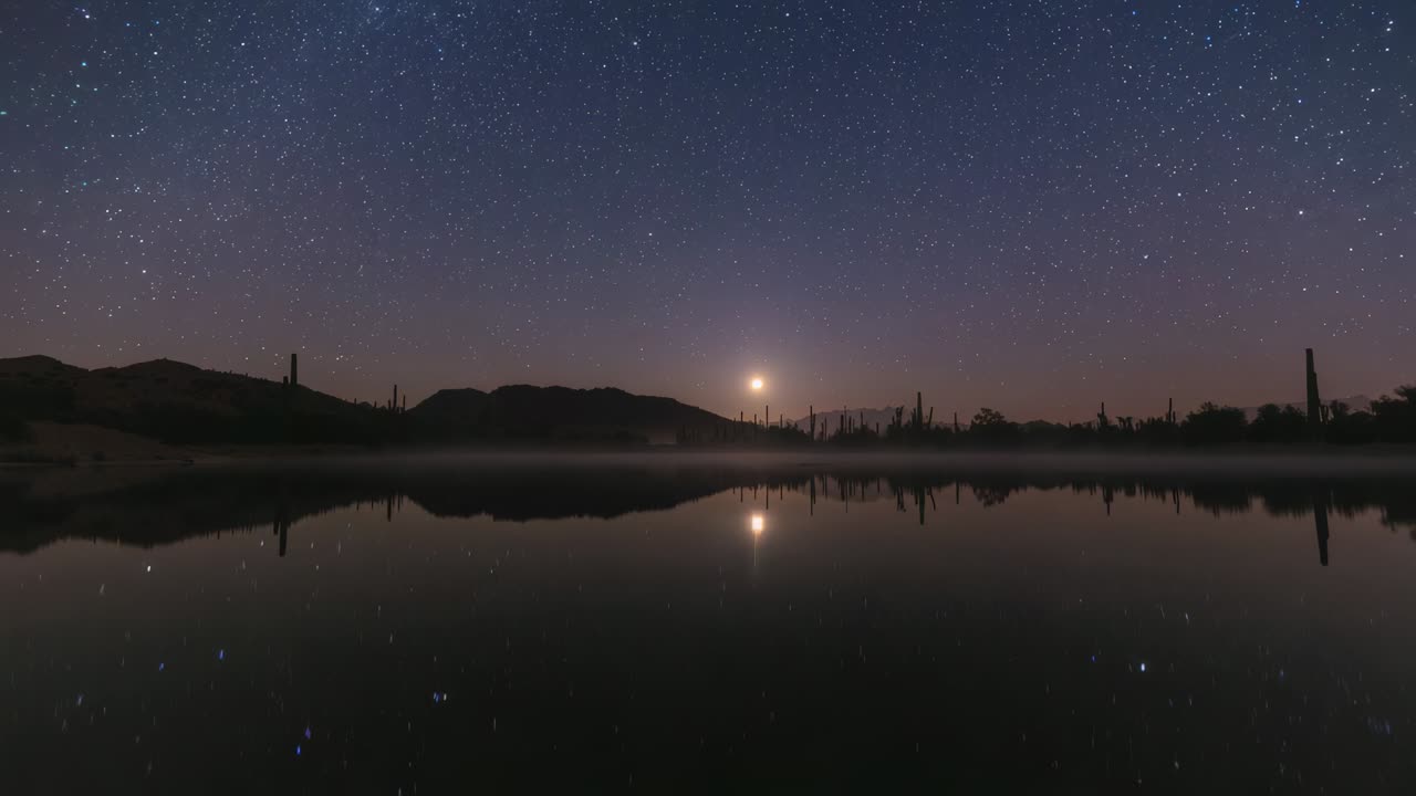 Rising moon and moon reflection slowly brightening over desert lake as night advances, mist, cacti
