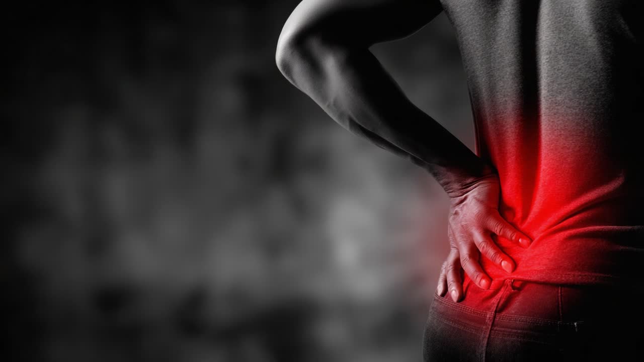 A Close-Up Perspective on Chronic Discomfort Illustrating the Strain and Sensation of Lower Back Pain with Subtle Lighting and Shadow Effects
