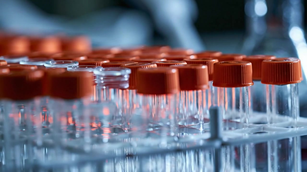 File di fiale da laboratorio trasparenti con tappi rossi su una postazione di lavoro scientifica
