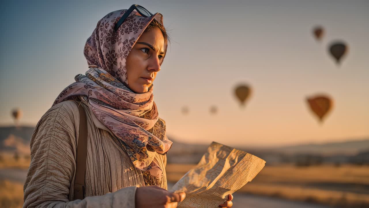 Cinematisk optagelse af en fokuseret kvindelig rejsende med tørklæde, der studerer et papirkort ved solopgang, med varmluftballoner svævende over et bredt ørkenlandskab