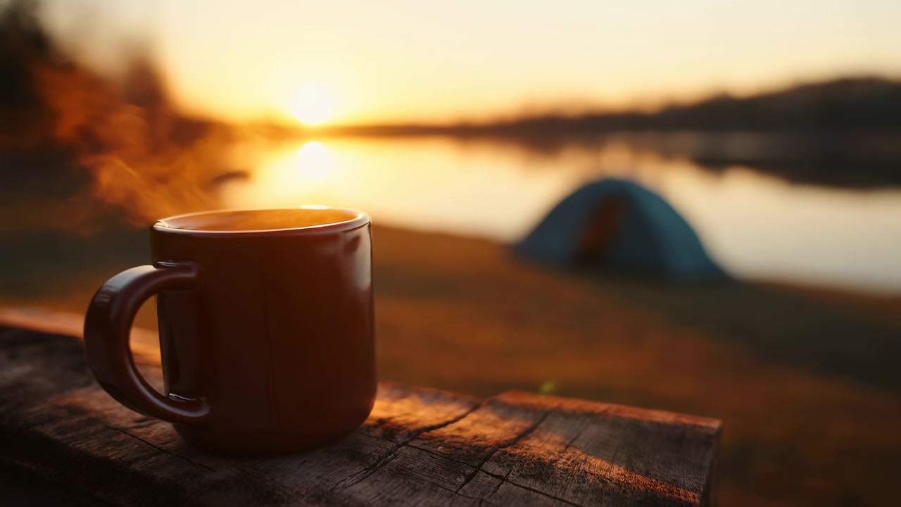 Uma cena de acampamento serena e relaxante ao pôr do sol, com barracas e uma caneca de café em um local à beira do lago. O cenário é natural e tranquilo, com tons de azul e marrom, capturada em uma tomada fixa e ampla