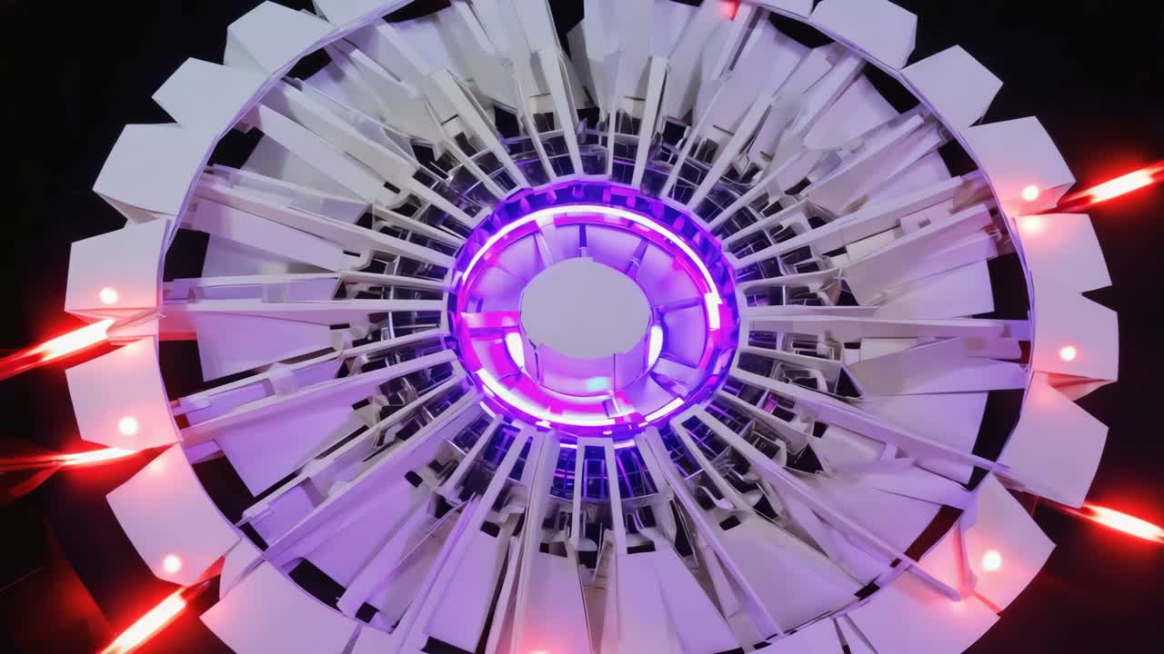 Abstract Mechanical Structure with Purple and Red Lights