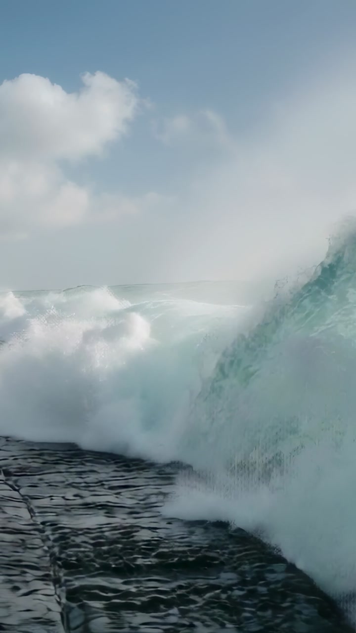 Approaching swell lifting large wave colliding at flat rock shelf, creating white foam, copy space