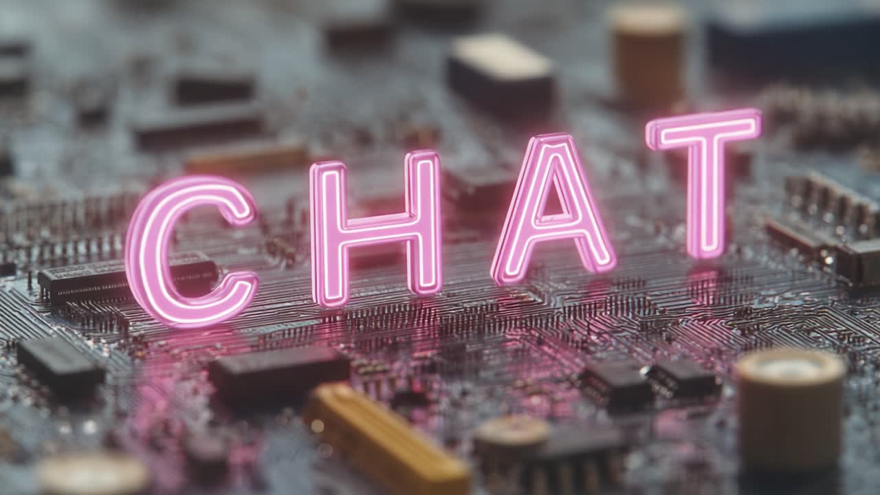 A Captivating Display of Digital Communication: The Neon 'CHAT' Sign Illuminated Against a Circuit Board Background, Symbolizing Modern Interaction and Connectivity