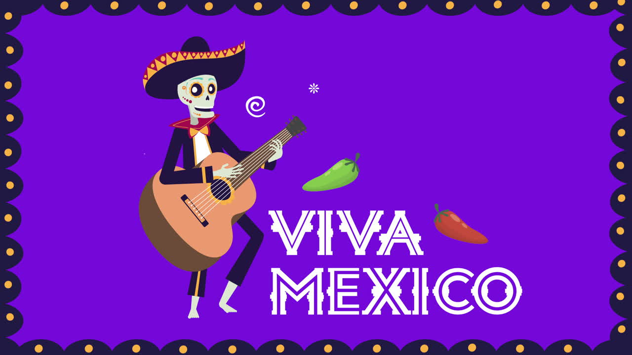 animazione viva mexico con skull mariachi che suona la chitarra