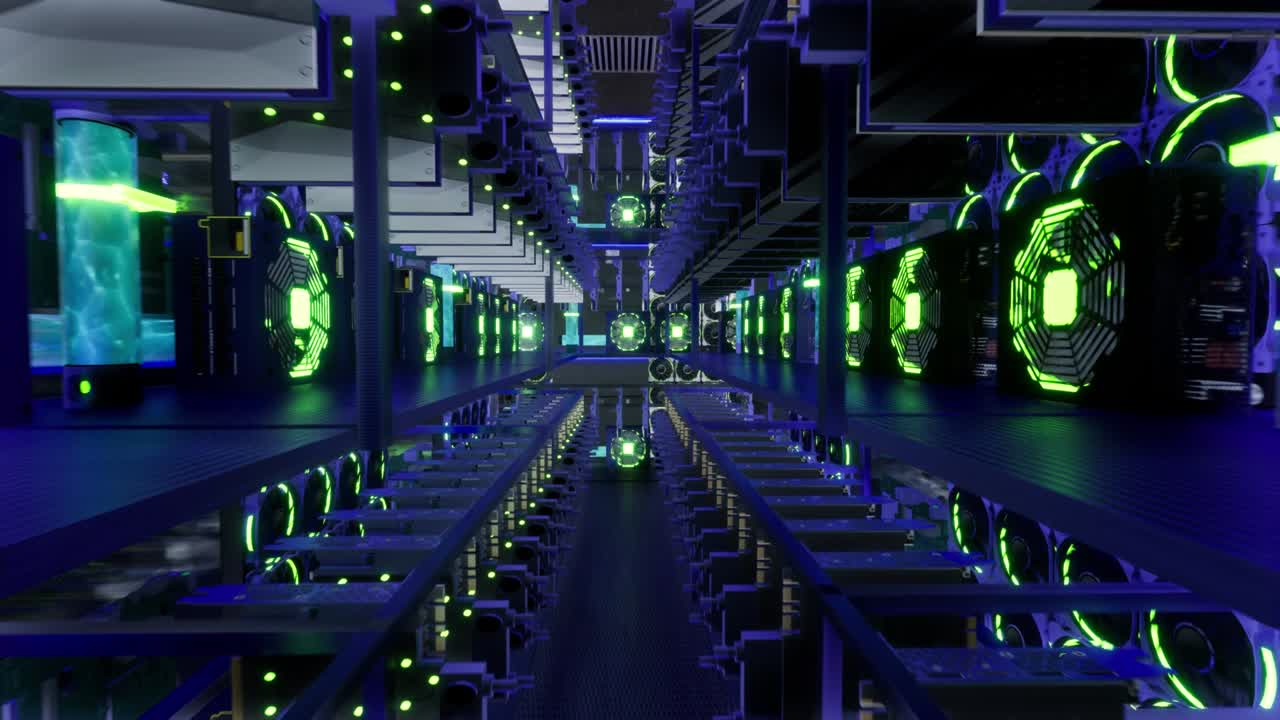 animación 3d de equipos de minería en bastidores de soporte minero criptomoneda en contenedor de acero. aplicación de tecnología blockchain específico centro de datos de circuitos integrados. luces de sala de servidores.