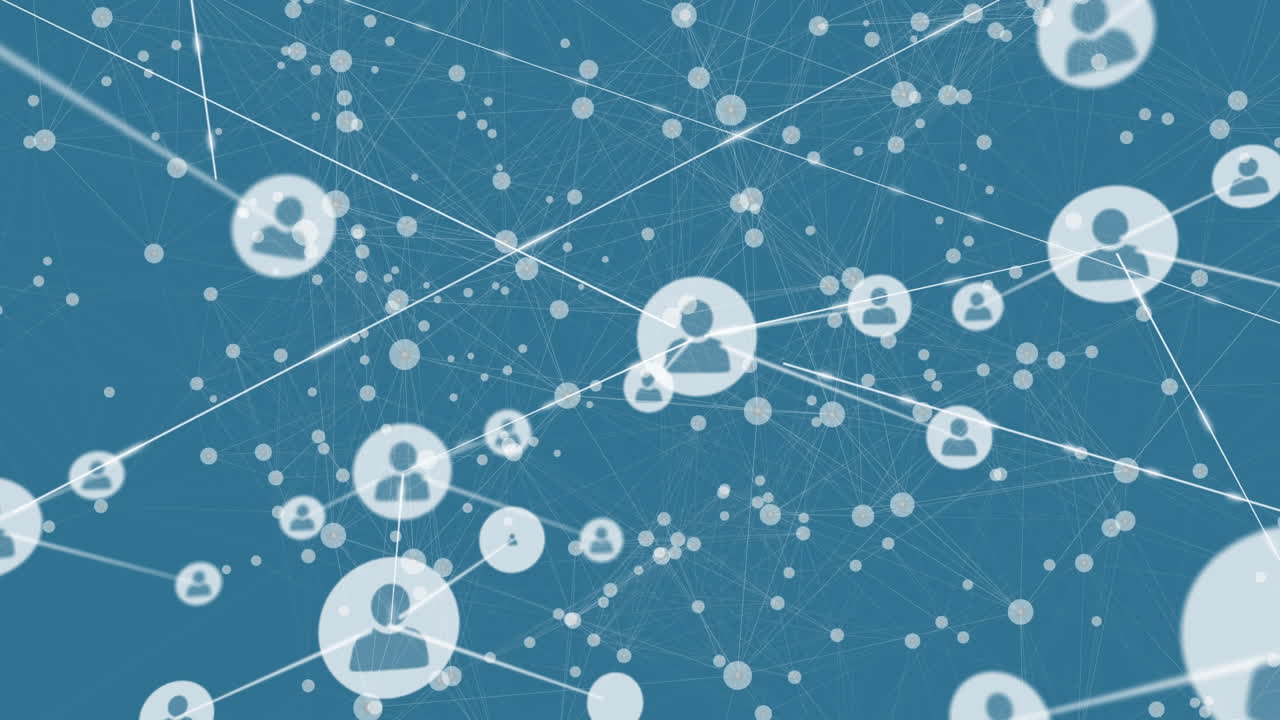 파란색 배경 위에 아이콘으로 연결 네트워크의 애니메이션