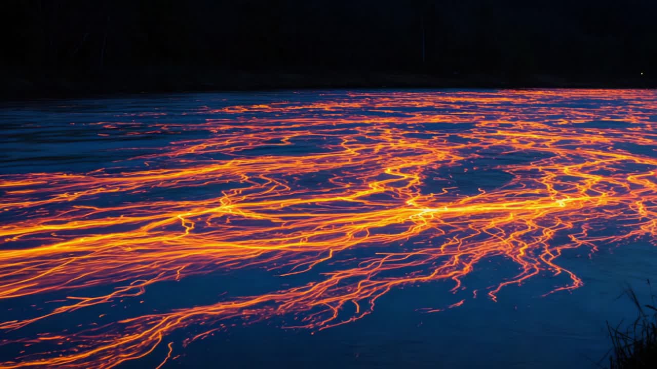 Captivating Flow of Molten Lava River Illuminates the Dark Surroundings with Brilliant Orange and Yellow Strands, Creating a Stunning Natural Display