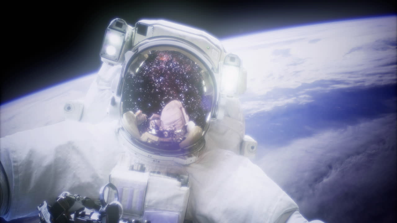 Astronaut in space reflecting the cosmos and earth below during spacewalk