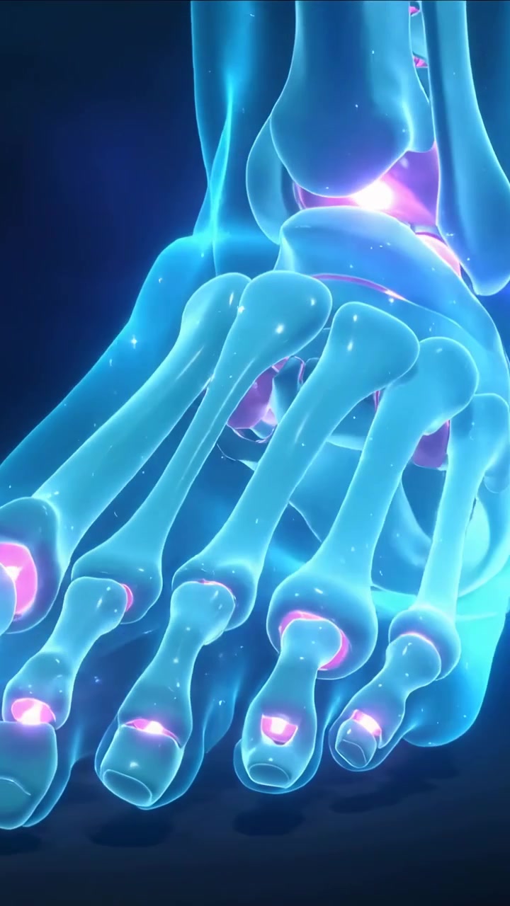 Vertikal video: Animerende kamera afslører cyan skeletfod i studie til anatomi med pulserende led