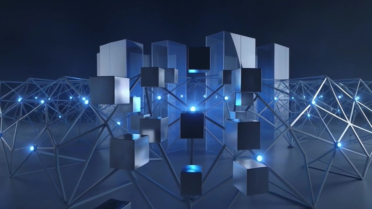 Abstract Digital Network with Floating Metallic Cubes and Glowing Nodes