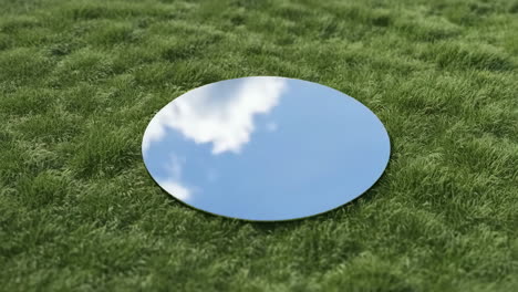 circular mirror reflecting sky on green grass