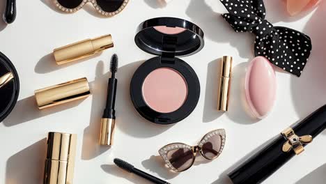 luxury makeup and fashion accessories flat lay