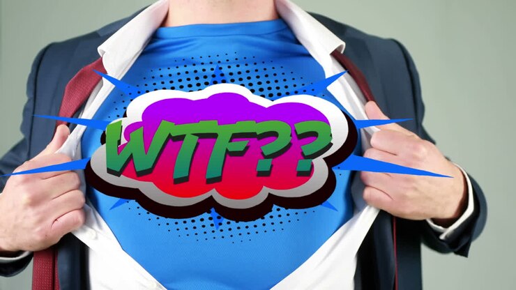Testo 'Wtf' su fumetto con uomo che rivela una maglietta blu