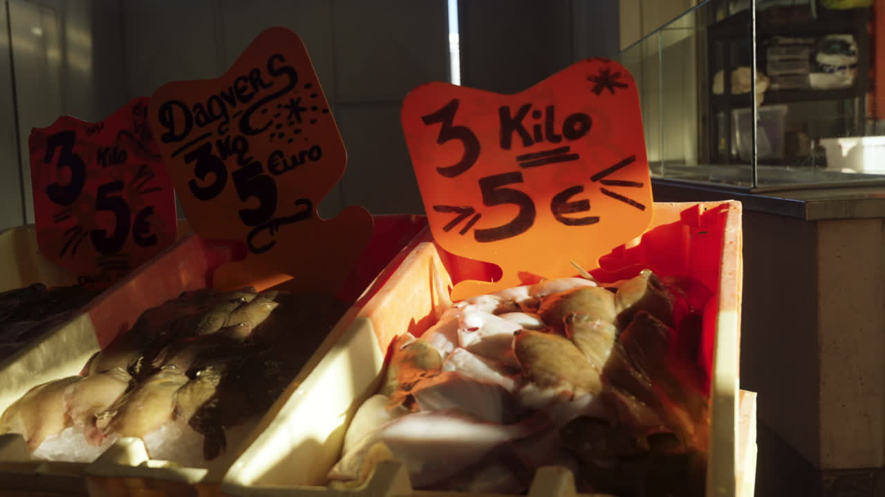 The sun shining down on fresh delicious fish layed down in cold ice at a traditional fish market