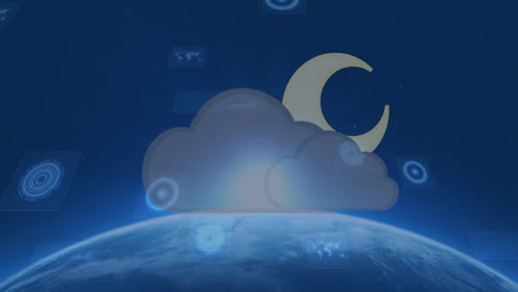 Floating digital data elements with cloud and crescent moon over Earth animation