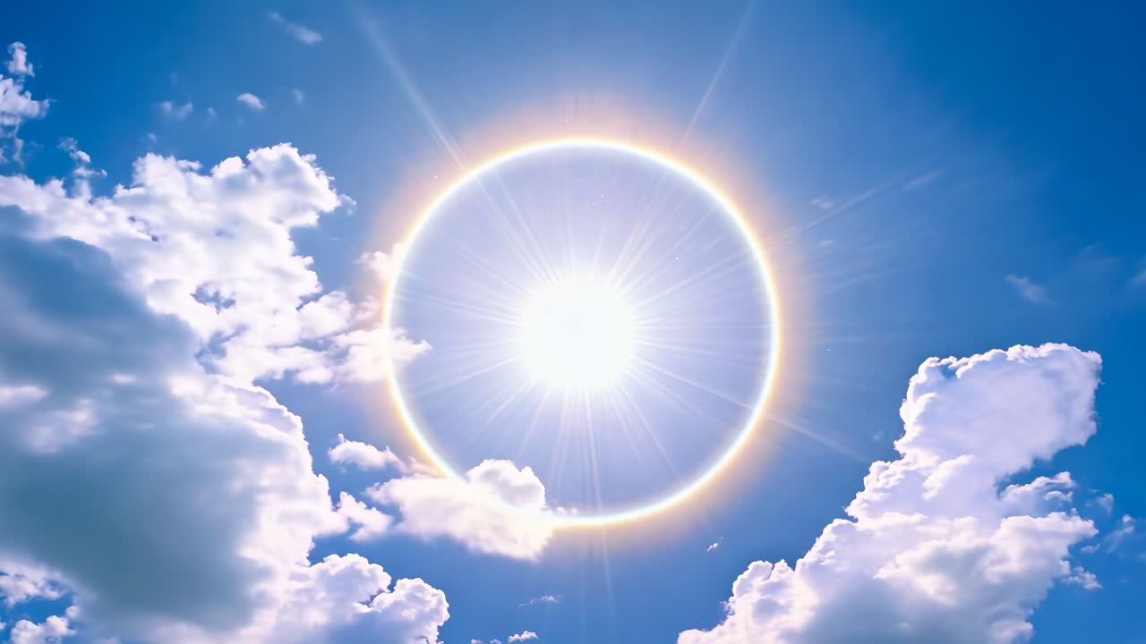 Ein faszinierendes Video eines Sonnenhalos am klaren blauen Himmel, aus einer niedrigen Perspektive aufgenommen.