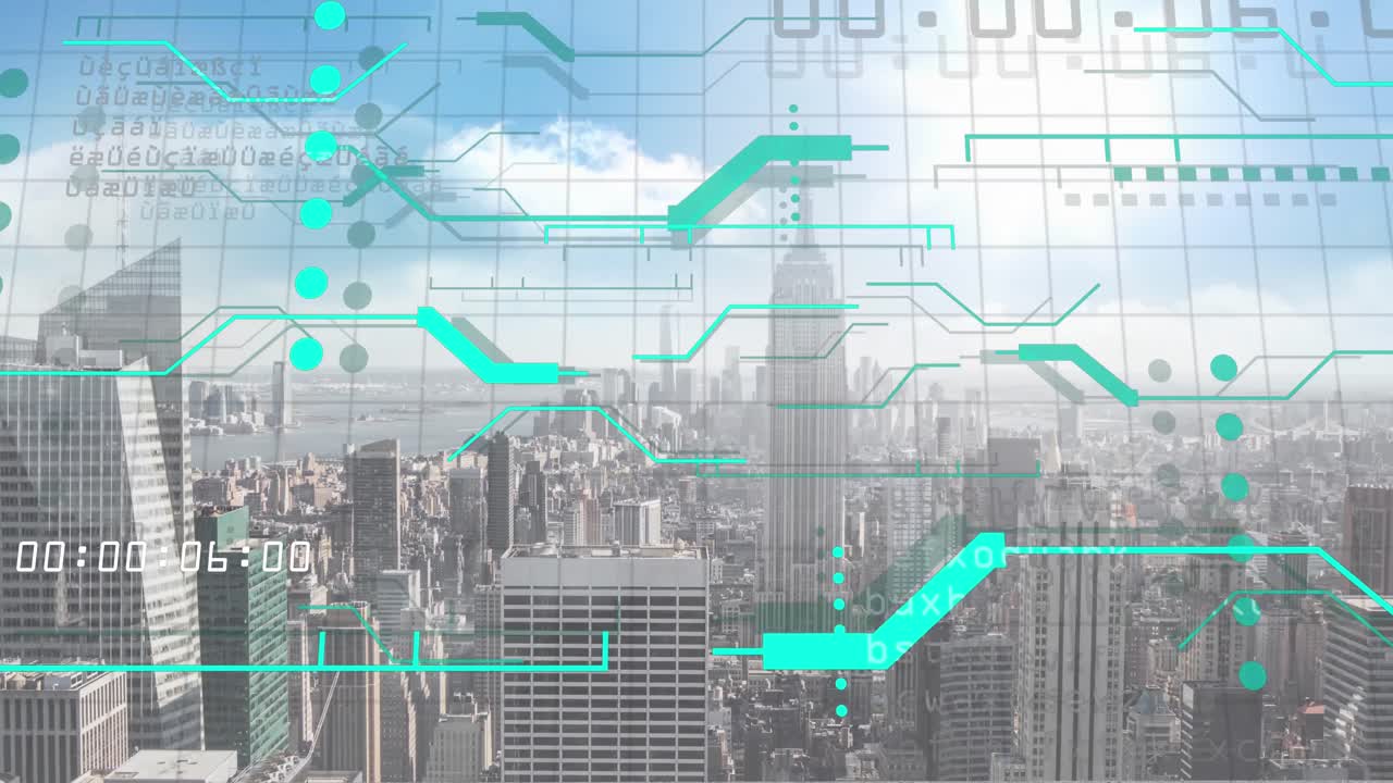 Animation of financial data processing over cityscape