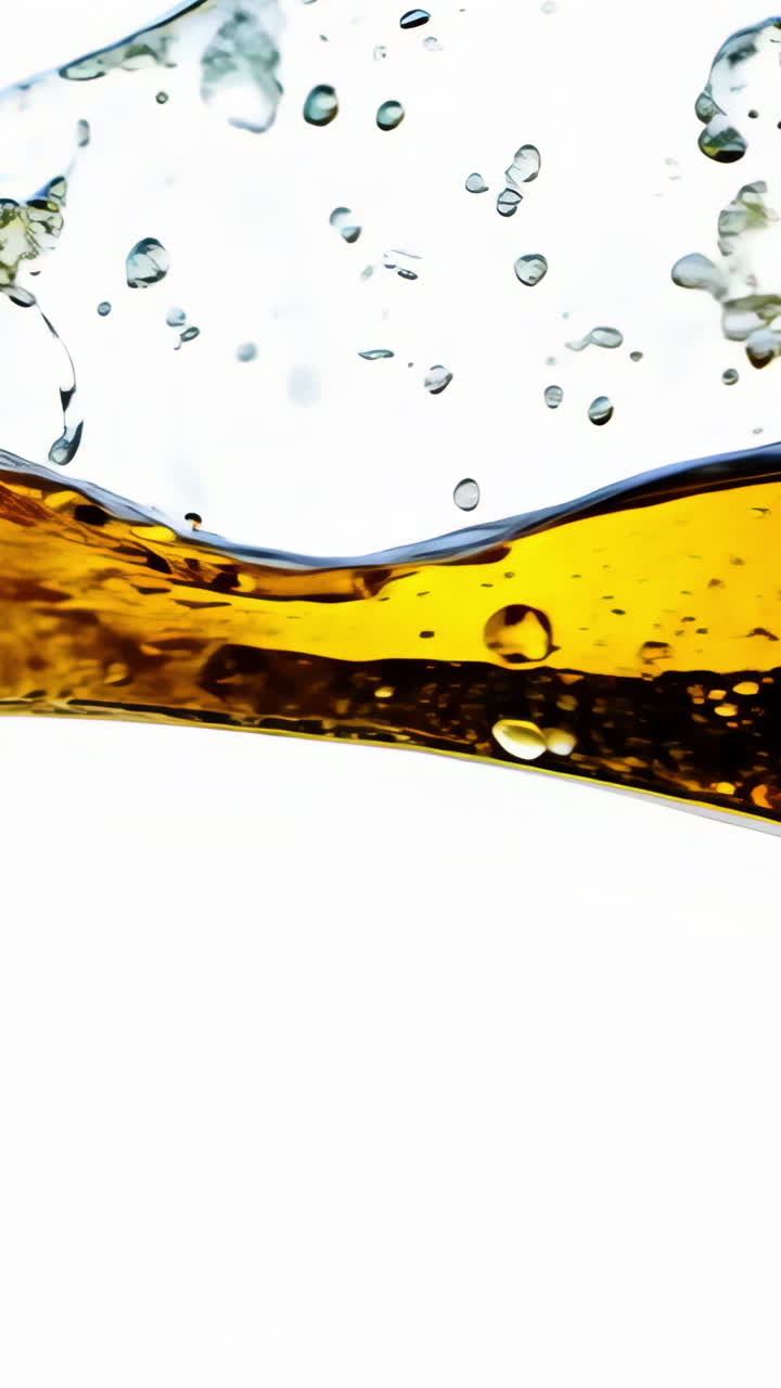 Golden Liquid Splashes in Mid-Air Against a White Background. A vibrant golden liquid flows and splashes dynamically in the air, highlighting its refreshing qualities. Vertical video