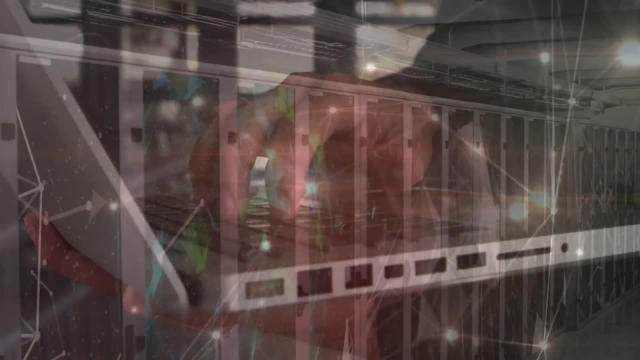 컴퓨터 키보드와 컴퓨터 서버에서 인간 타이핑을 통해 연결 네트워크의 애니메이션