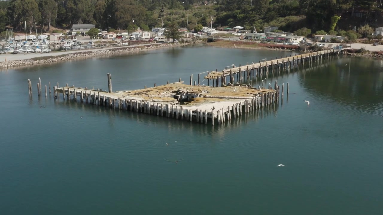 Luftvideo af en gammel forladt mole med fugle, der flyver forbi, i Bodega Bay, Nordcalifornien.