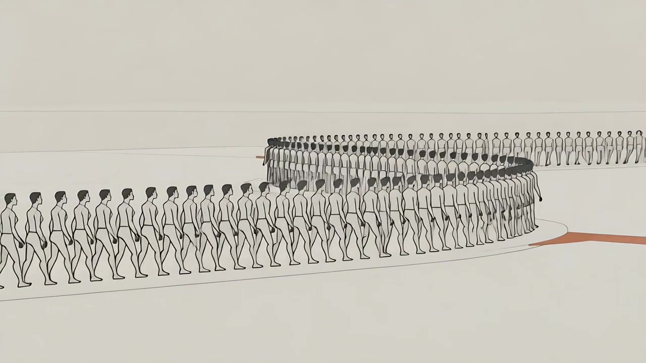 Entering from left, line-drawn figures marching, curving to form ring on pale stage with red mark