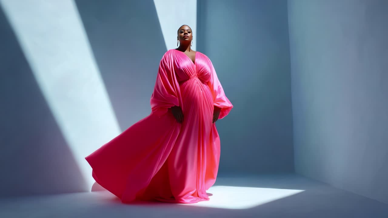 En fantastisk model fanger opmærksomheden i en flydende, pink kjole og udstråler elegance og skønhed med dramatisk lys, der skaber fortryllende skygger i en minimalistisk baggrund.