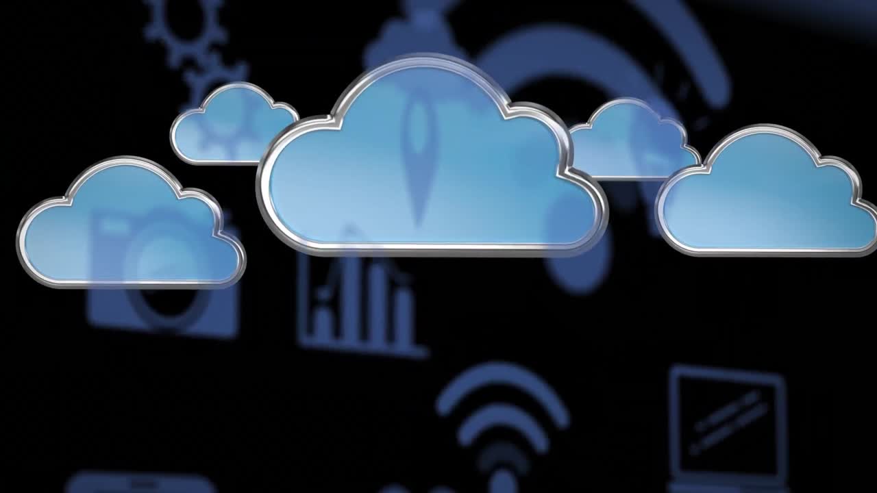 Animazione di nuvole blu e icone digitali che volano su sfondo nero.