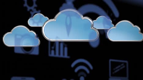 animación de nubes azules e iconos digitales que vuelan sobre un fondo negro