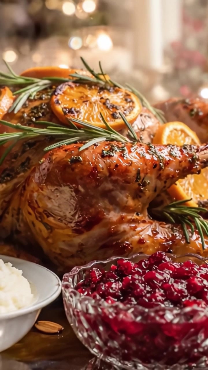 A Beautifully Roasted Turkey Garnished with Fresh Rosemary and Citrus Slices, Perfectly Accompanied by Cranberry Sauce and Creamy Mashed Potatoes for a Festive Feast