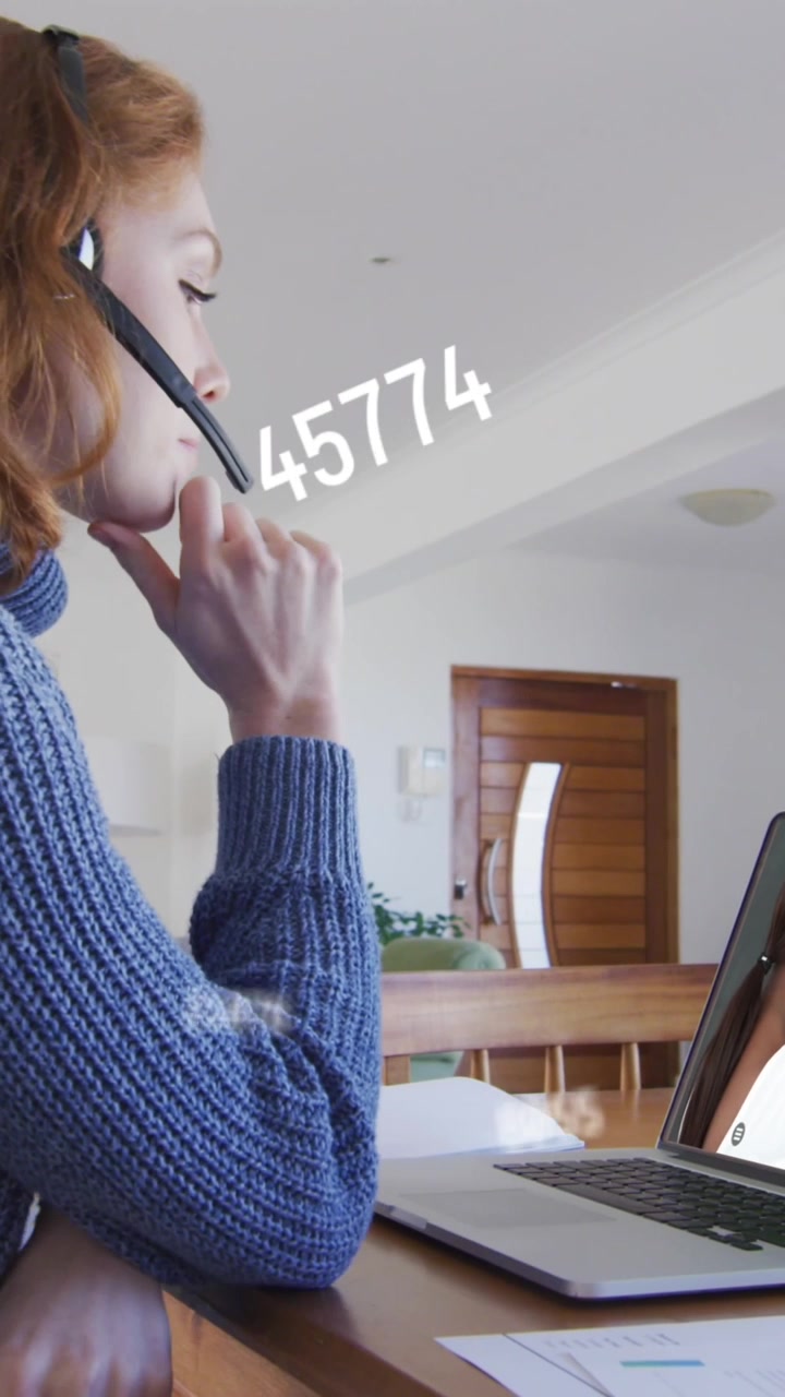 Animation of data processing over caucasian woman working from home, having video call