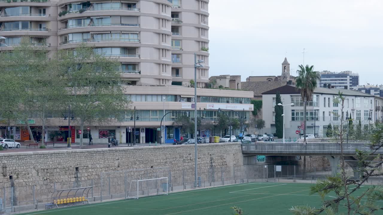 Cityscape with Soccer Field and Buildings