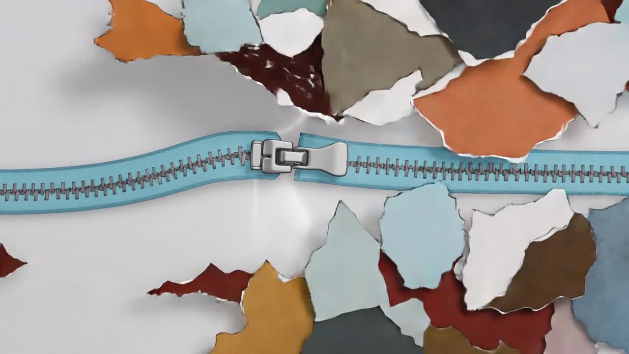 Sliding silver slider, turquoise zipper teeth curving on gray backdrop, torn-paper collage forming