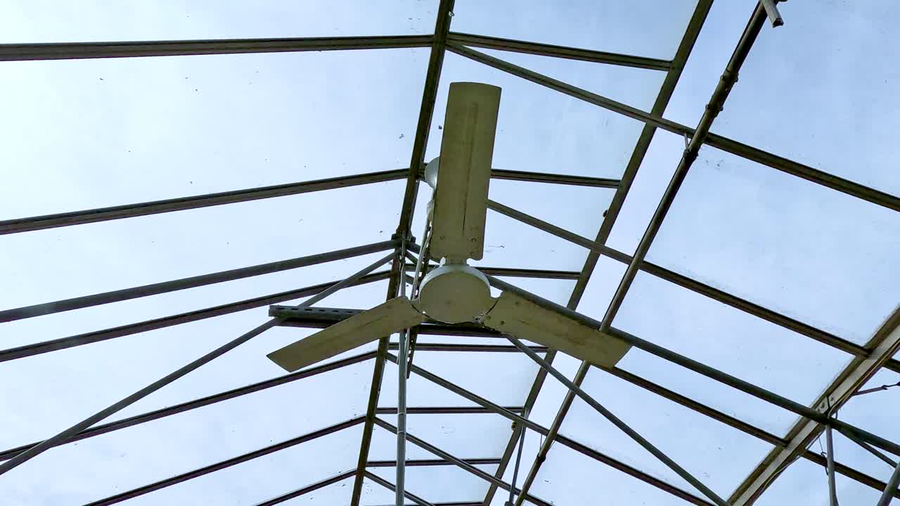 A ceiling fan spins steadily beneath a transparent glass roof with metal framing, viewed from below in natural daylight with a static camera angle
