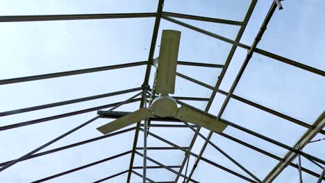 a ceiling fan spins steadily beneath a transparent glass roof with metal framing, viewed from below in natural daylight with a static camera angle