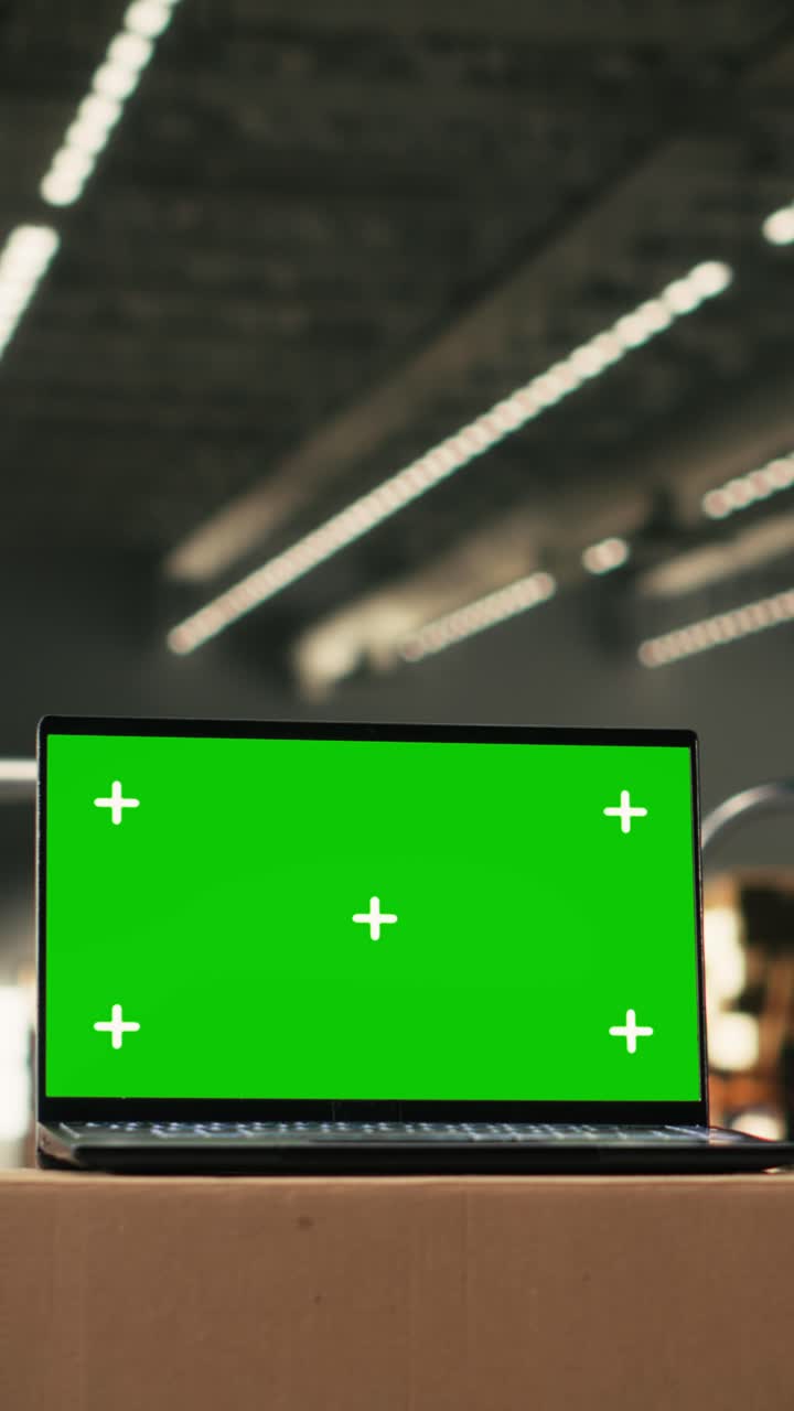 Vertical Video Green screen laptop display in industrial warehouse storage center