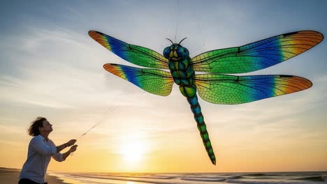 a vibrant dragonfly kite soars against a stunning sunset, capturing the joy of flight and the beauty of outdoor adventures on the beach