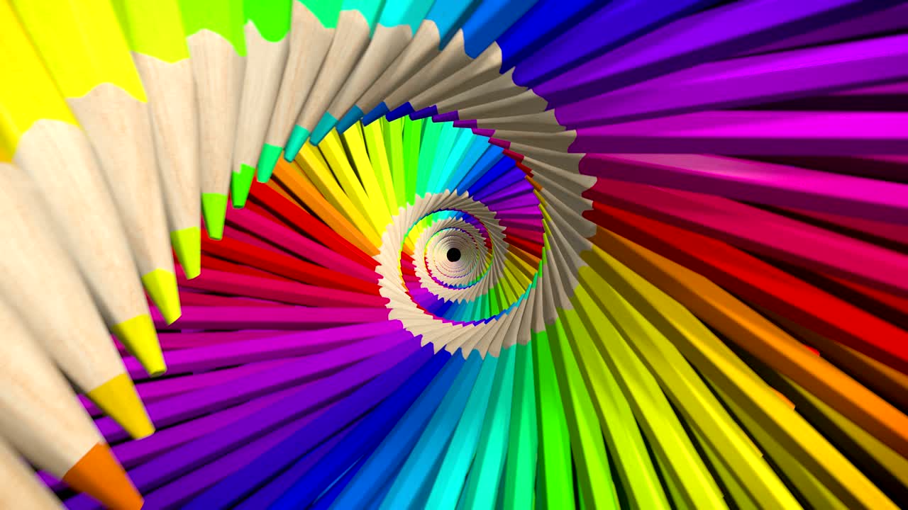 lápices de colores que forman una espiral, haciendo un bucle de animación 3d