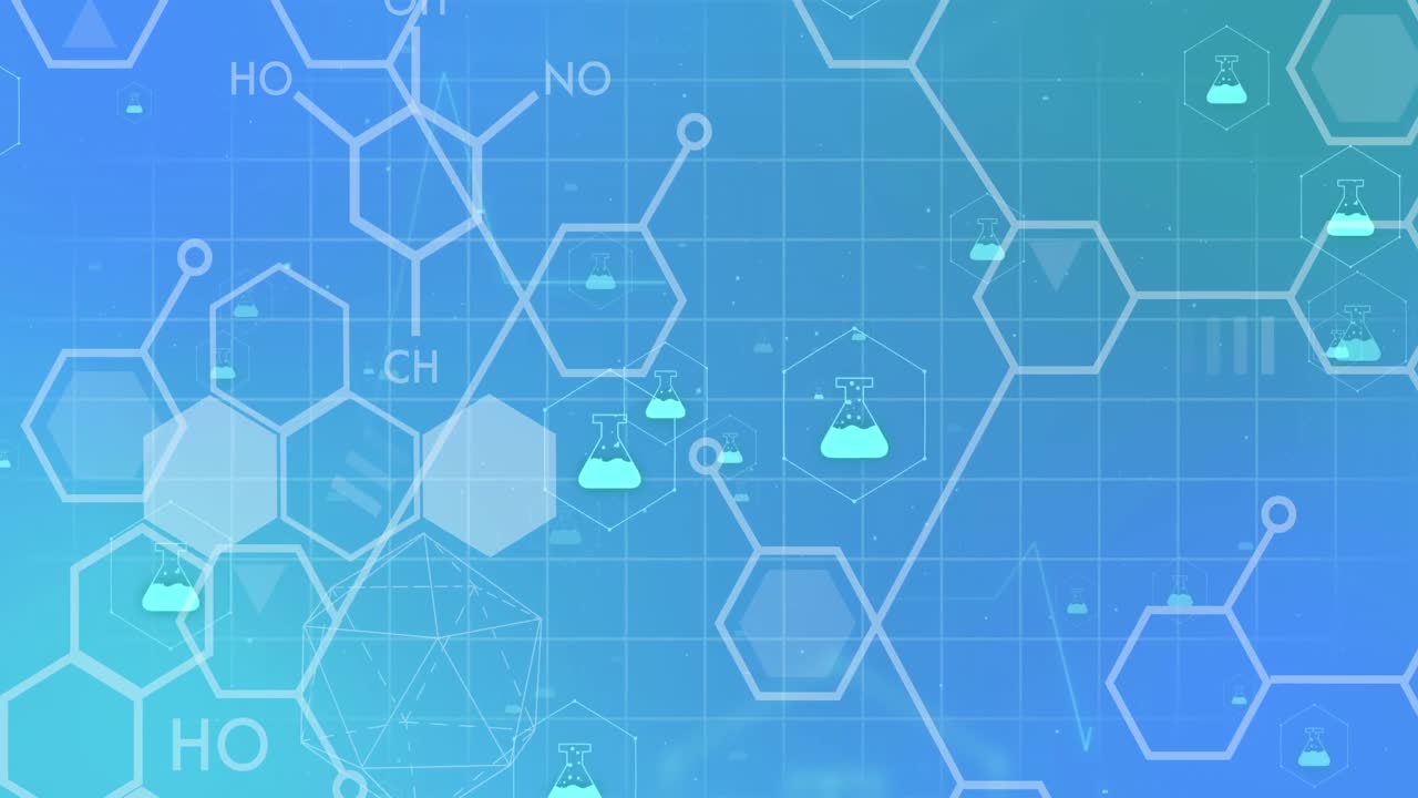 파란색 배경에 있는 화학 아이콘의 애니메이션