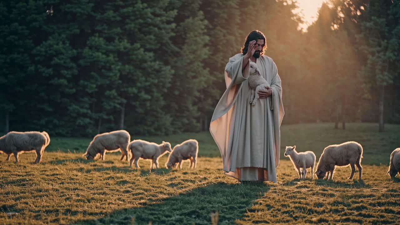 A serene video scene at eye level captures a shepherd in robes among sheep in a sunlit meadow