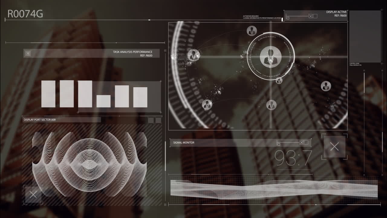 animación del procesamiento de datos y el escaneo de alcance sobre el fondo del paisaje urbano