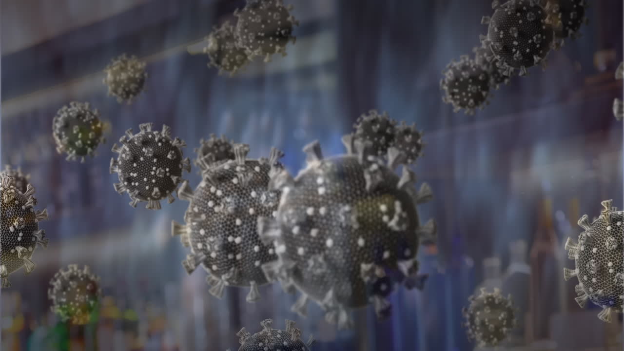 빈 바 위에 떠다니는 코로나19 세포의 애니메이션