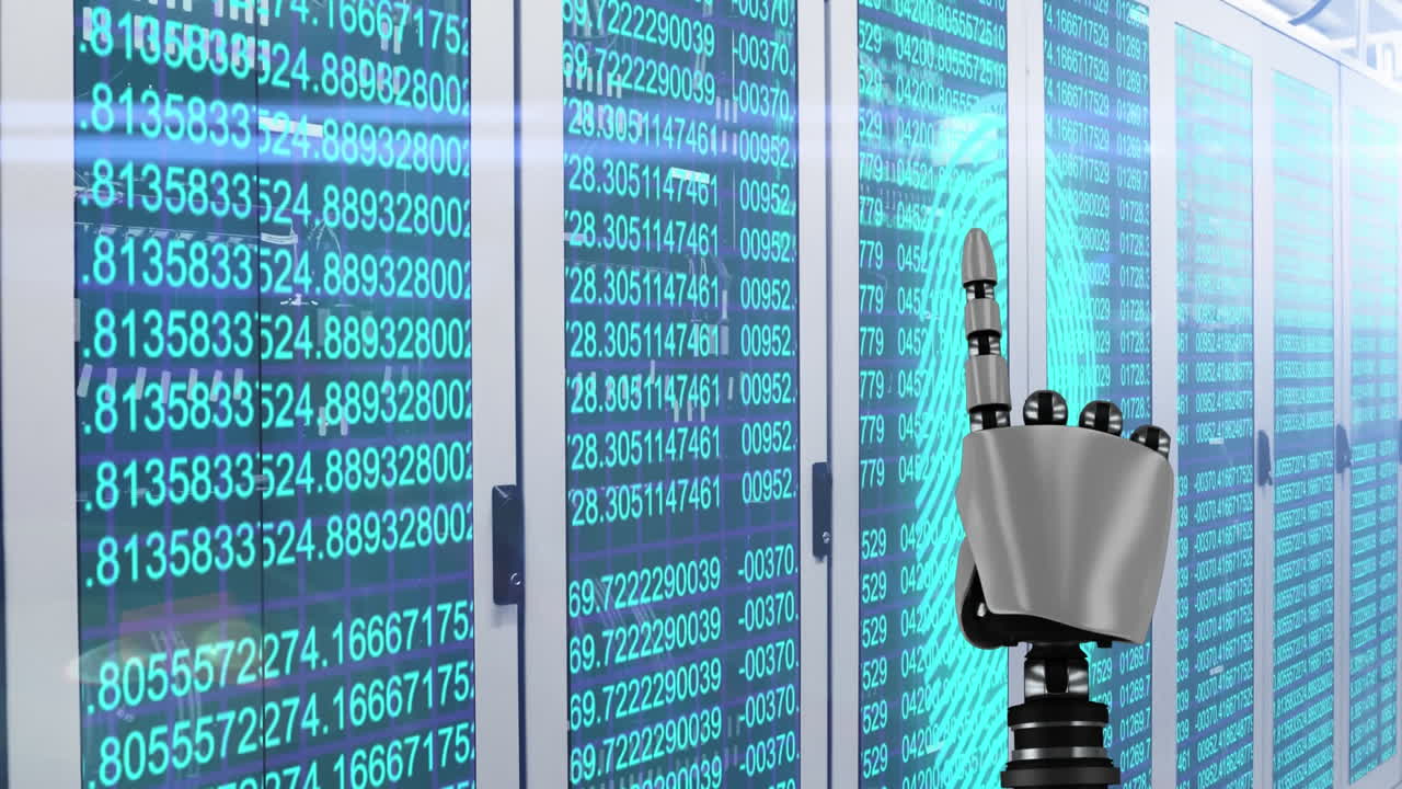 Robotic finger scanning over biometric fingerprint scanner against computer server room