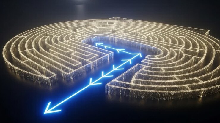 An Illuminated Maze with Dynamic Lighting Directions: Exploring the Pathways of a Complex Labyrinth Design Shimmering with Bright Neon Arrows Highlights Strategic Navigation