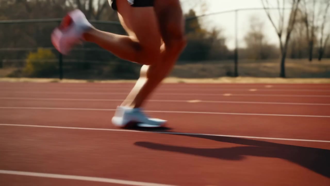 Primer plano en ángulo bajo que muestra las piernas y los pies de un corredor impulsándose hacia adelante en una pista roja marcada con carriles, con luz solar cálida, sombra marcada, textura nítida y movimiento atlético, con corredor, piernas, pies, zapatilla.