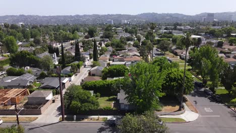 aerial shot over los angeles city suburb, sherman oaks in california